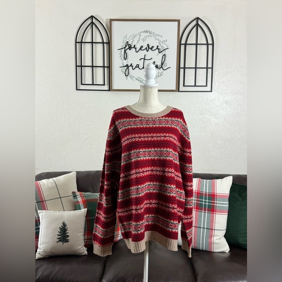 Remington Fair Isle Red Snowflake Print Crew Neck Sweater Size XL Wool Blend